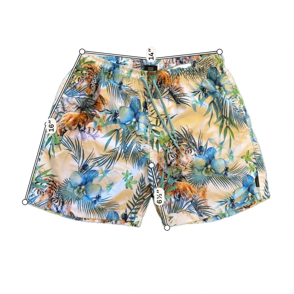 Ring of Fire Swim Trunks Mens Medium White Excellent Tiger Tropical Floral Print